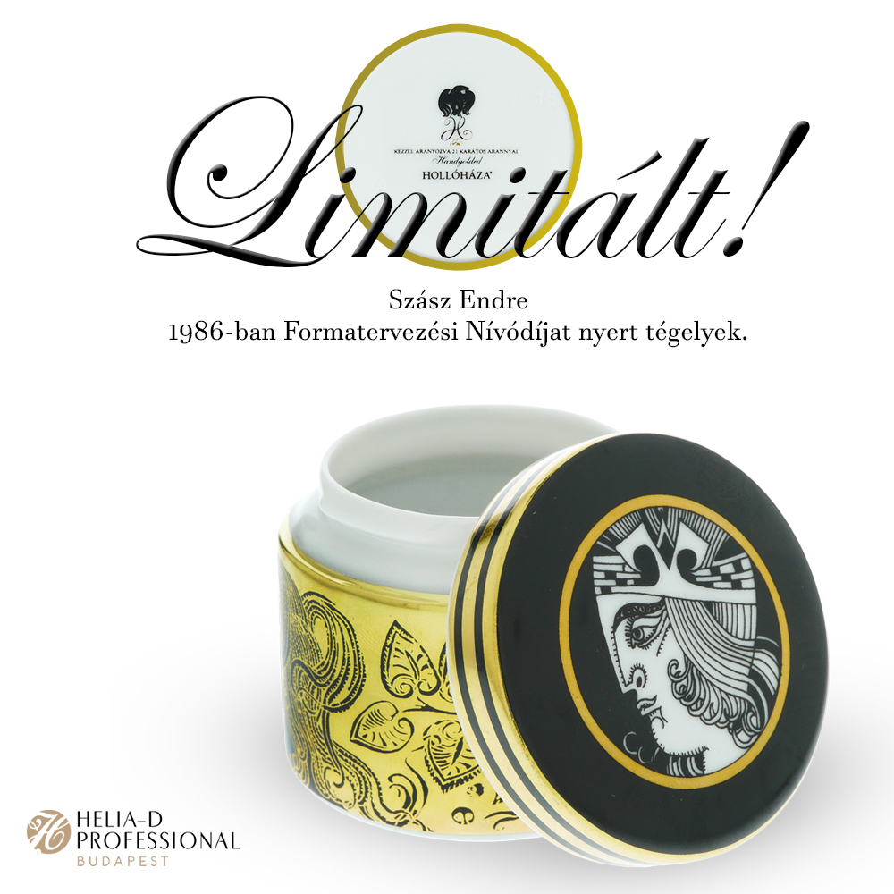 Szász Endre aranyozott, sorszámozott, hollóházi tégely